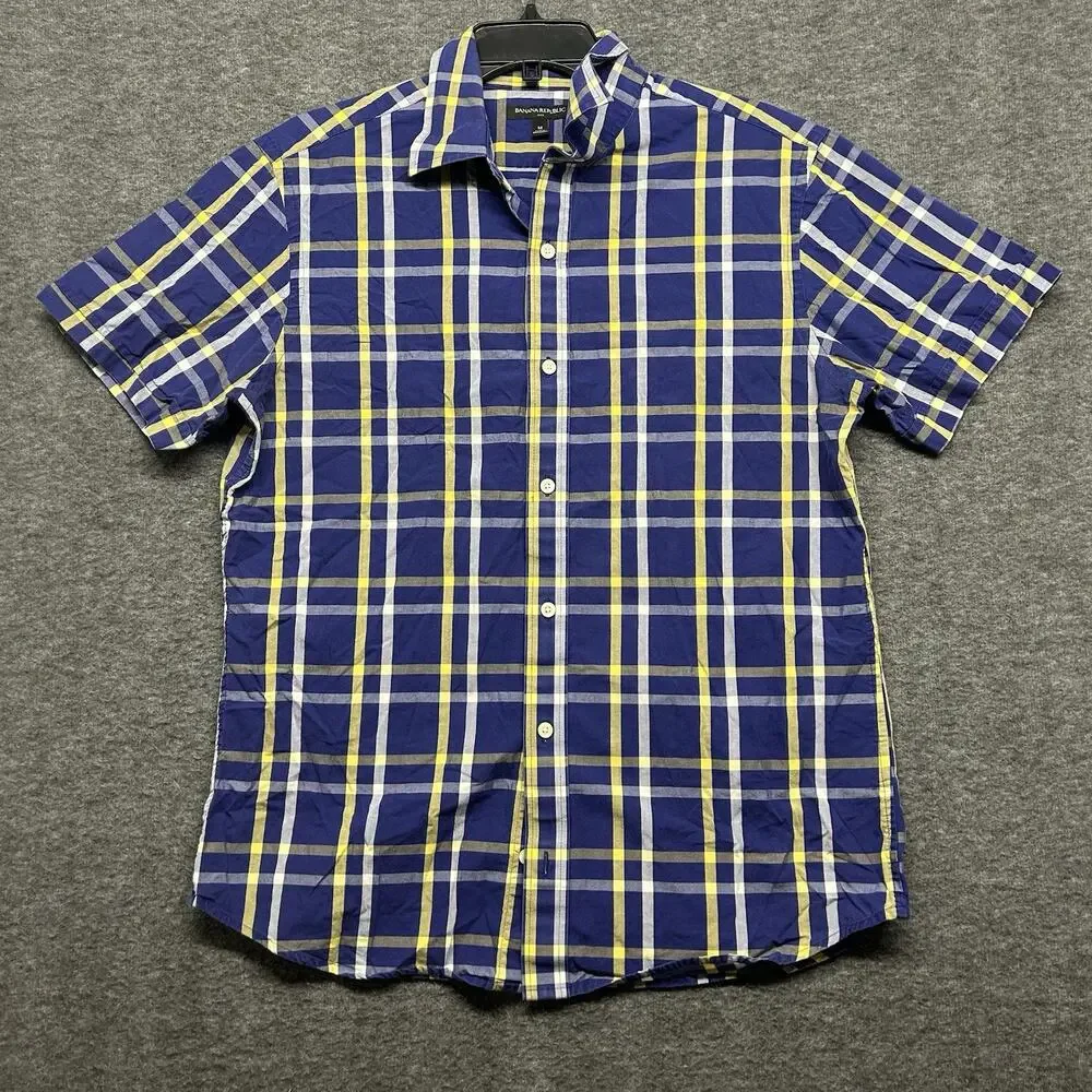 Banana Republic Men Medium Blue Plaid‎ Short Sleeve Button Up Shirt
